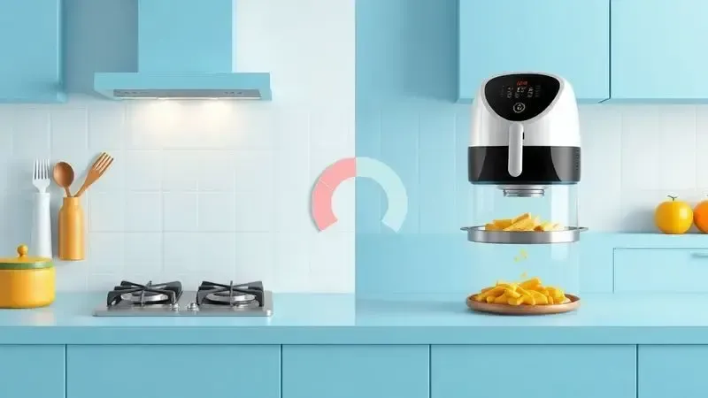 Representação conceitual da possível substituição do fogão pela air fryer na cozinha