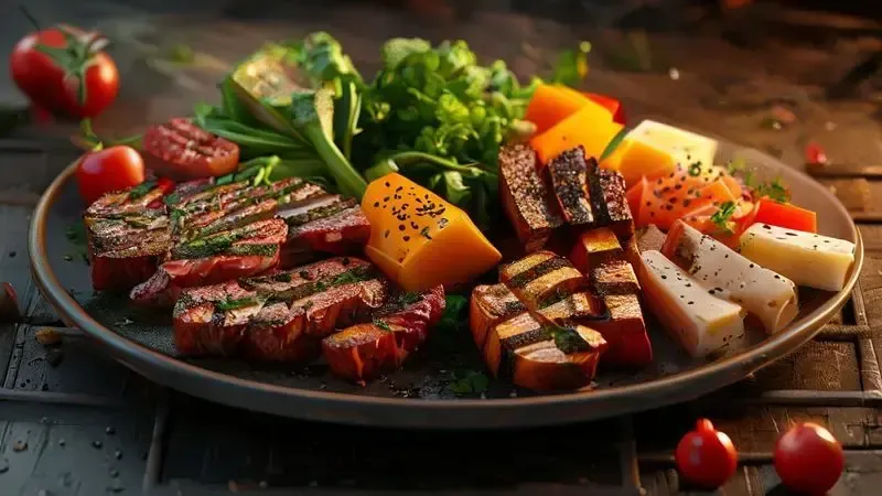 Ilustração conceitual de alimentos ideais para preparar no grill do forno, como legumes, carnes e queijos grelhados.