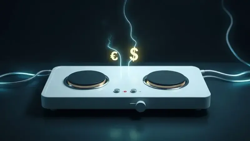 Render 3D conceitual sobre eficiência energética, com luzes verdes e azuis representando o baixo consumo de energia em um fogão elétrico.