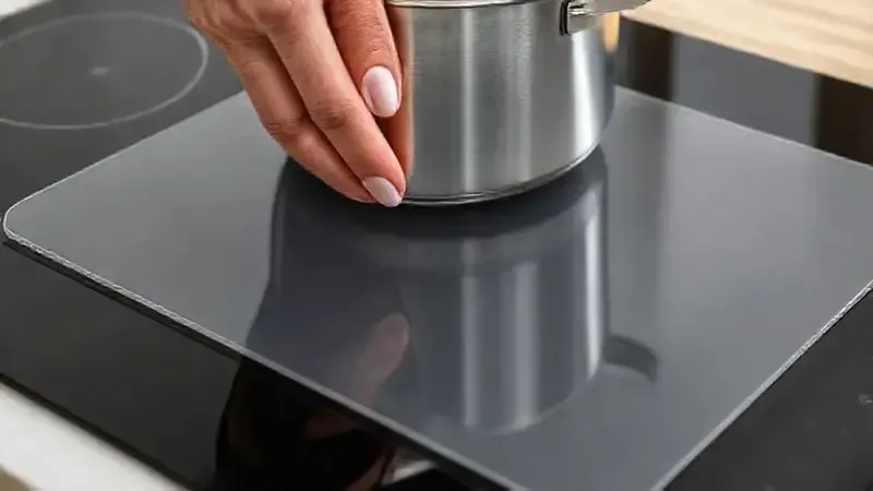 Ilustração 3D realista mostrando a proteção de um fogão de indução contra riscos causados por uma panela pesada, usando um tapete de silicone.
