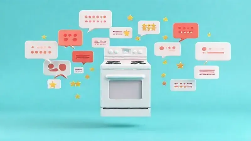 Render artístico 3D mostrando balões de fala e estrelas de avaliação, simbolizando a opinião dos consumidores sobre um produto.