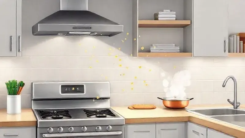Áreas da cozinha como fogão e coifa limpas, indicando onde o desengordurante é essencial para remover gordura.
