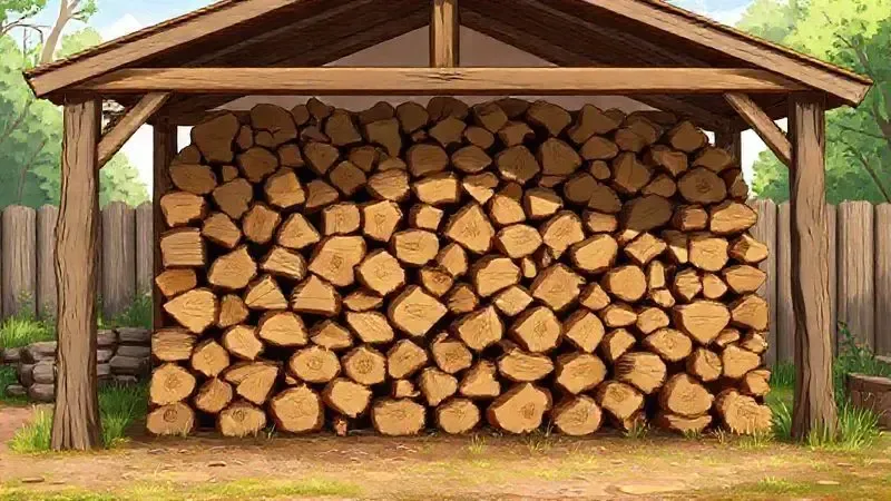 Lenha armazenada corretamente em um abrigo arejado e seco, elevada do chão, ideal para o processo de secagem e conservação da madeira.