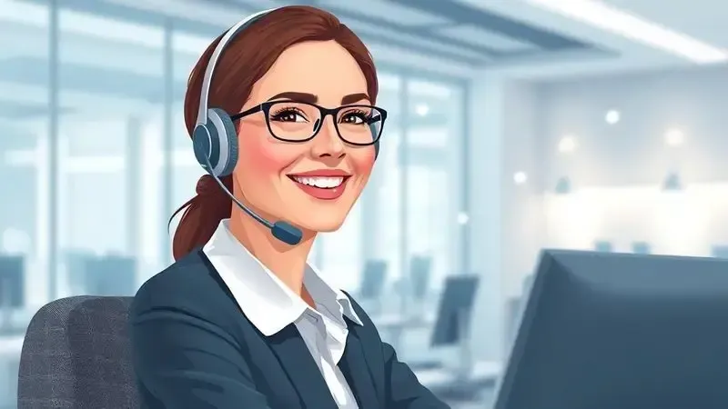 Ilustração digital realista de um atendente de suporte sorrindo em um call center moderno, simbolizando canais de atendimento eficientes e comunicação clara.