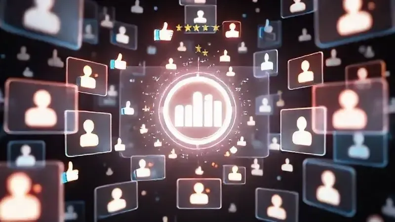 Ilustração conceitual de ícones de reviews e estrelas flutuando, representando a coleta de opiniões online.