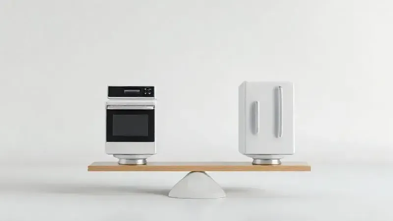 Ilustração 3D conceitual de uma balança comparando dois eletrodomésticos, representando a escolha entre marcas de fogão.