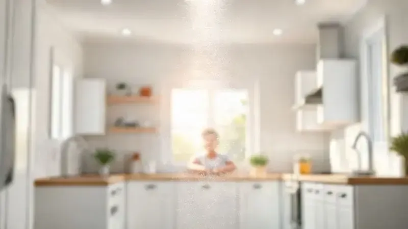 Cena de cozinha brilhante e convidativa com um fluxo de ar limpo e puro, simbolizando a remoção de odores e os benefícios de um depurador de qualidade.