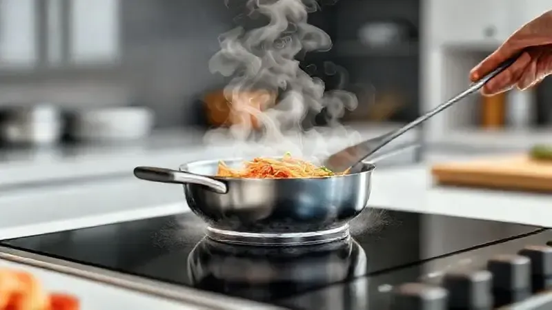 Render artístico de um prato gourmet sendo preparado em um cooktop, transmitindo a ideia de precisão e satisfação ao cozinhar.