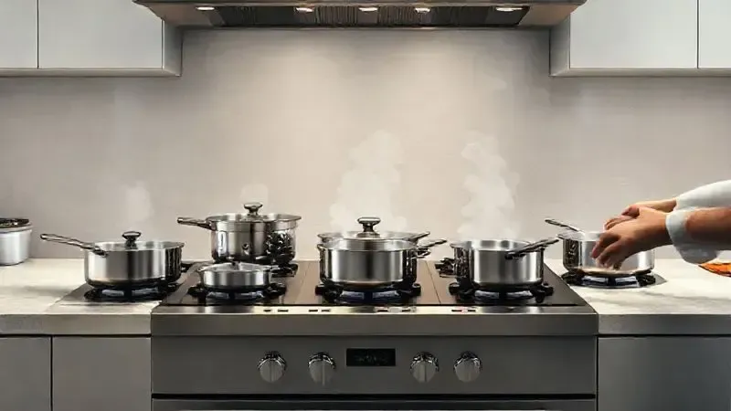 Ilustração de uma cozinha profissional mostrando a eficiência de um fogão de 6 bocas com vários pratos sendo preparados ao mesmo tempo.