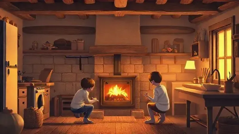 Ilustração digital de uma cozinha rústica com um fogão a lenha, representando conforto e aquecimento.