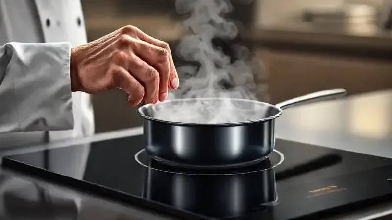 Ilustração de mãos ajustando o controle de temperatura em um fogão de indução, representando a precisão e eficiência do cozimento.