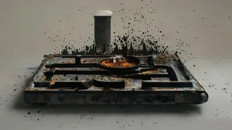 Boca de fogão suja com gordura queimada e resíduos pretos, ilustração conceitual do acúmulo de sujeira.