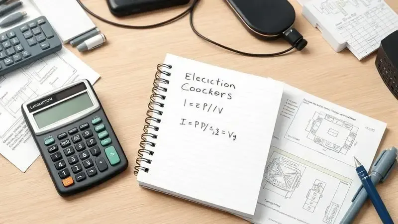 Mesa de trabalho com ferramentas para cálculo elétrico: calculadora, fórmulas e diagramas de circuito para dimensionamento de disjuntor.