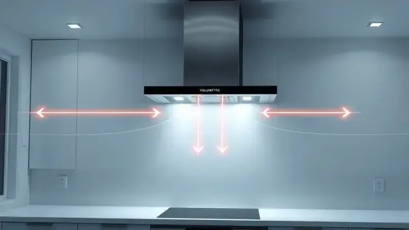 Ilustração conceitual do cálculo de vazão de ar em uma cozinha para coifa de parede, indicando o volume de sucção.