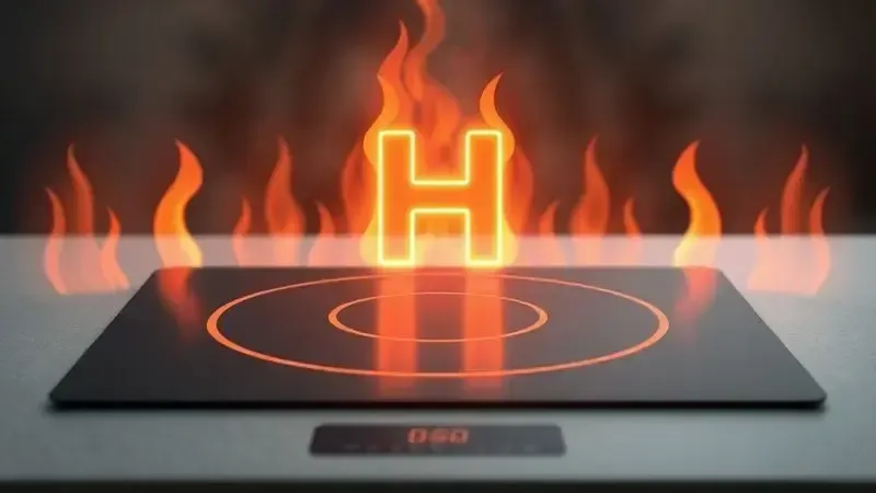 Ilustração conceitual de calor residual saindo de fogão de indução com símbolo H flutuando