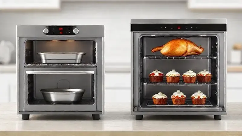 Comparação visual em 3D de dois fornos de diferentes litragens, mostrando a capacidade para o uso doméstico e familiar.