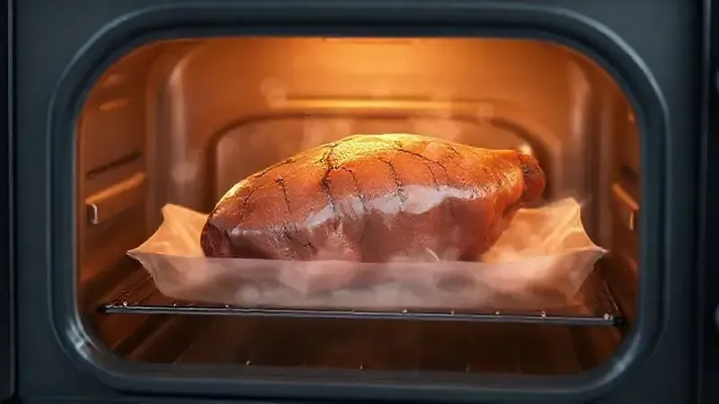 Render 3D conceitual de um pedaço de carne no forno, com vapor simbolizando a técnica para manter a suculência e evitar o ressecamento.