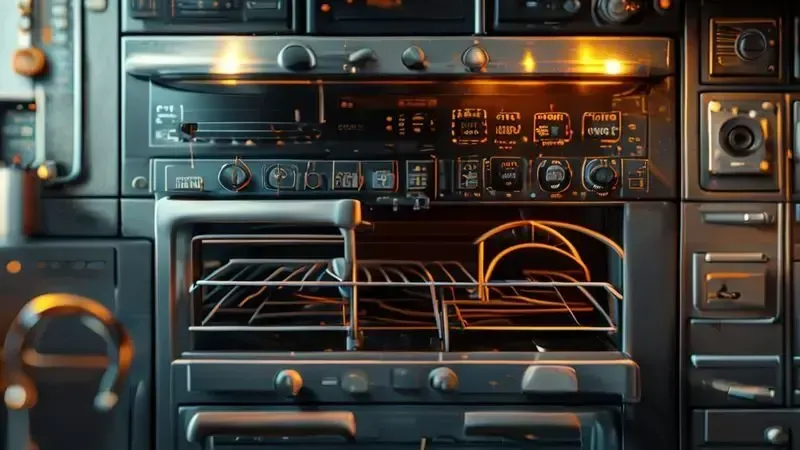 Ilustração conceitual mostrando causas comuns de bloqueio automático do forno e falhas técnicas