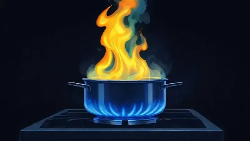 Ilustração digital de uma chama potente em um queimador de fogão industrial, representando alta eficiência e velocidade de cozimento.