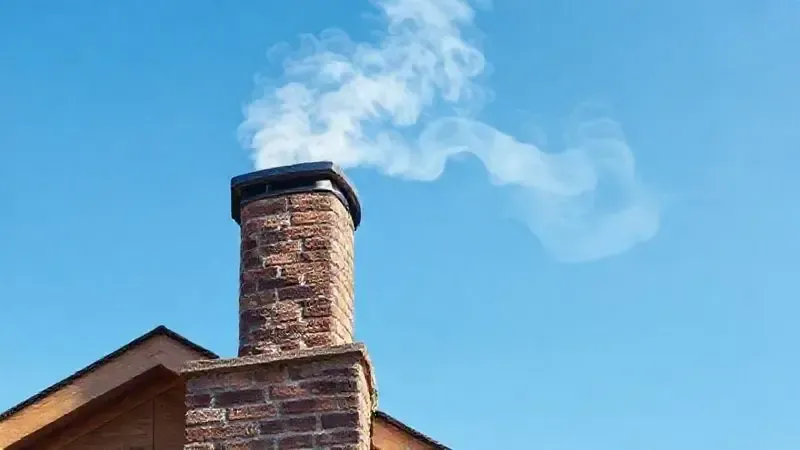 Ilustração realista de uma chaminé moderna em um telhado rústico, com fumaça branca dissipando-se no céu, focando na instalação.