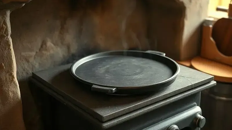 Renderização artística de uma chapa de ferro fundido sendo aquecida em cima de um fogão rústico a lenha.