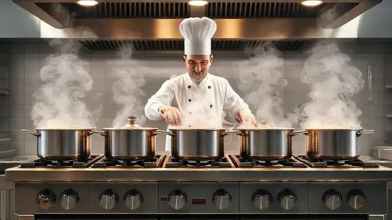 Cena de alta produção mostrando um chef profissional utilizando todas as 6 bocas de um fogão industrial ao mesmo tempo.