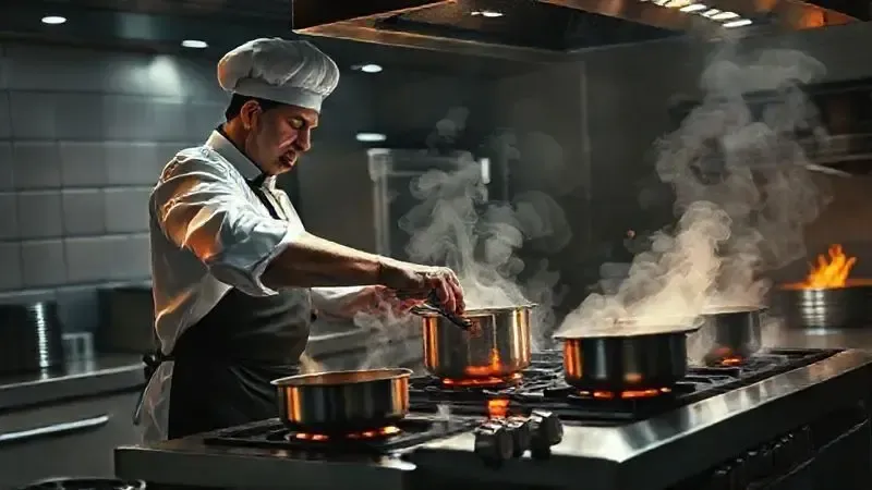 Ilustração de chef profissional utilizando um fogão industrial de alta performance em uma cozinha comercial movimentada.