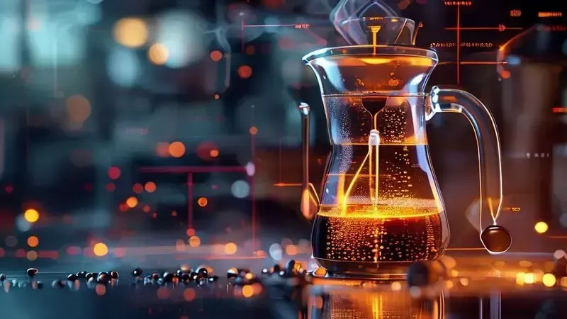 Ilustração científica mostrando o processo de extração de café na cafeteira italiana com visualização de pressão e temperatura.