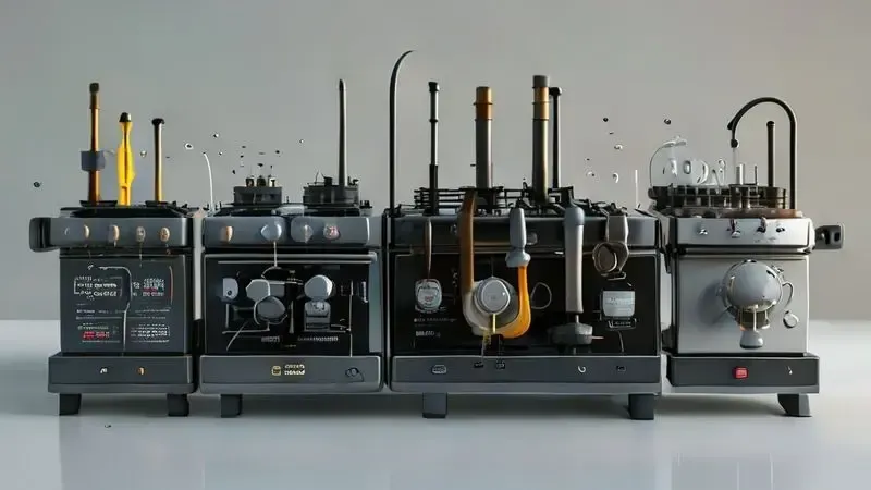Ilustração conceitual das cinco principais causas de falha no sistema de acendimento automático de fogão