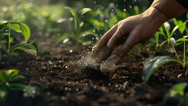 Ilustração realista de cinzas de madeira sendo espalhadas no solo para enriquecimento natural da horta.