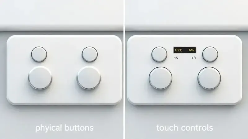 Comparação visual conceitual entre controles físicos com botões e painel digital tátil em fogões modernos