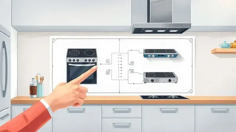 Ilustração de uma pessoa analisando um projeto de cozinha para escolher o fogão 5 bocas ideal.