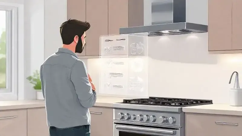 Cena ilustrativa de uma pessoa pesquisando e comparando características importantes para escolher o melhor fogão de 6 bocas para sua casa.