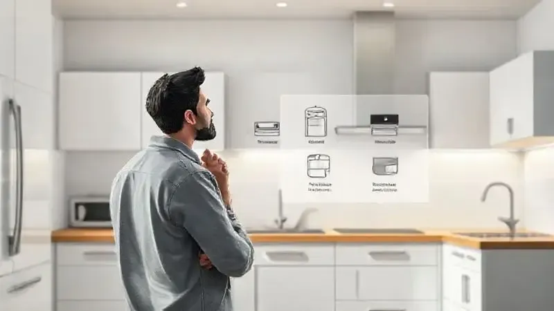 Ilustração de pessoa pensando sobre a melhor escolha entre fogão, cooktop a gás, elétrico ou por indução.
