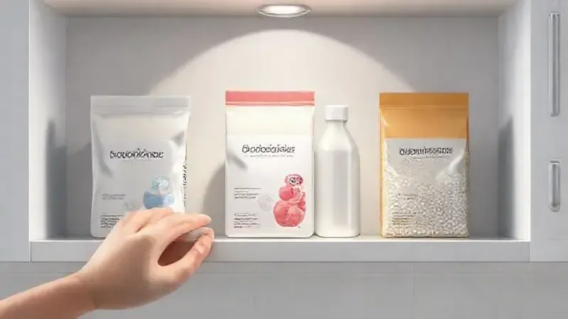 Renderização 3D de uma mão escolhendo entre diferentes tipos de embalagens de adoçantes culinários na prateleira.