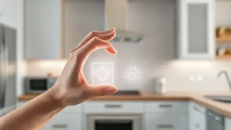 Ilustração conceitual de uma pessoa ponderando sobre as especificações e o tamanho ideal para o depurador de ar de sua cozinha.