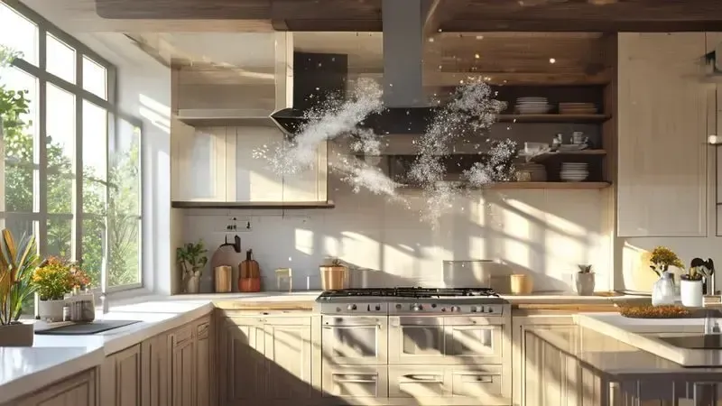 Ilustração conceitual mostrando como funciona a circulação de ar em um exaustor de cozinha, com visualização de fluxo de ar limpo e poluído