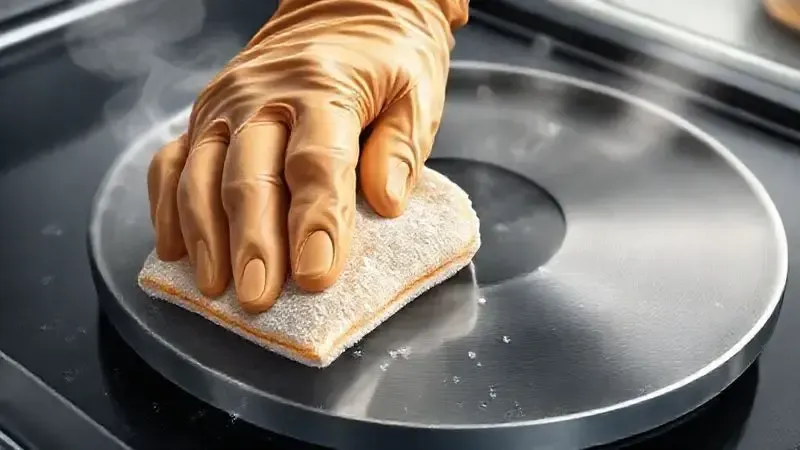 Ilustração realista de uma mão limpando uma chapa metálica de fogão a lenha com uma esponja.