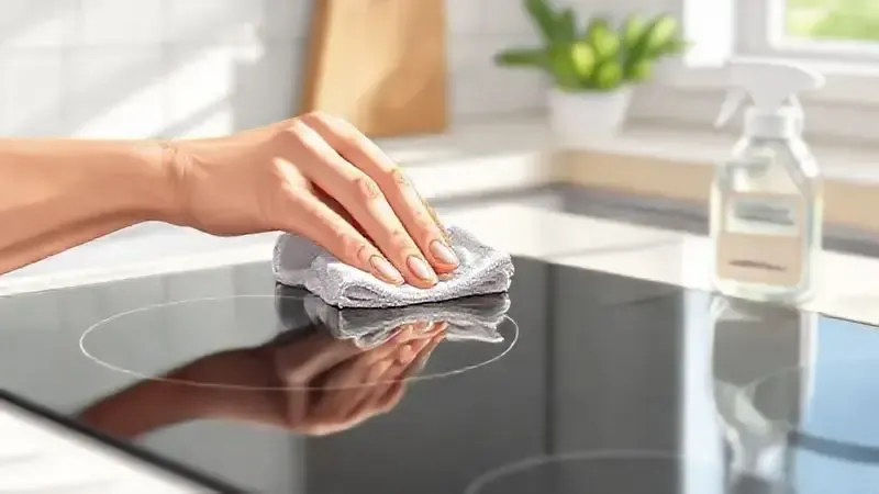 Ilustração de uma mão limpando suavemente a superfície de um cooktop, destacando a manutenção e os cuidados essenciais.
