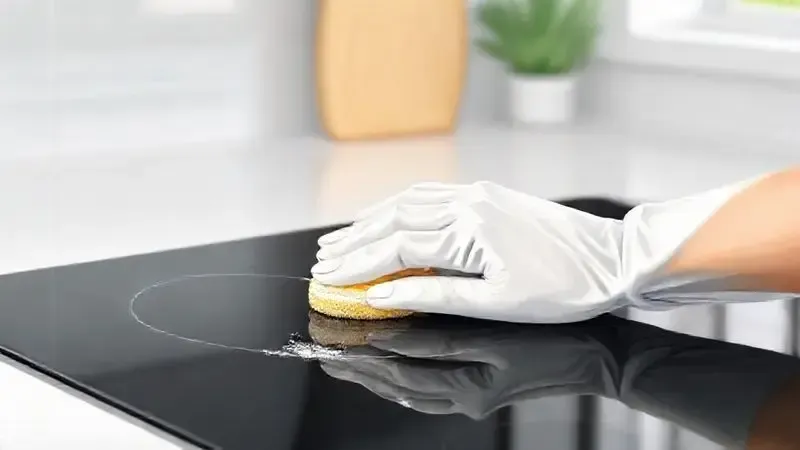 Imagem de uma mão limpando a superfície de um cooktop de vidro preto com uma esponja macia, destacando a facilidade de manutenção.