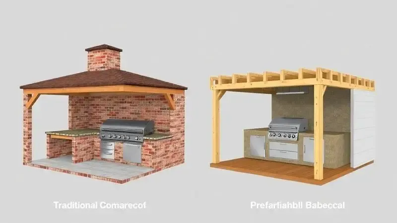 Ilustração comparativa de construção em alvenaria versus kits pré-moldados para churrasqueiras