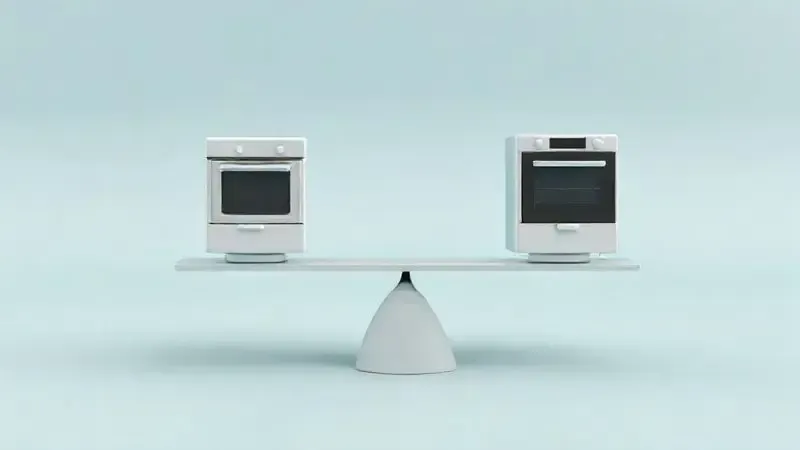 Ilustração conceitual de uma balança equilibrando dois ícones de fogões, representando a comparação entre marcas de eletrodomésticos.