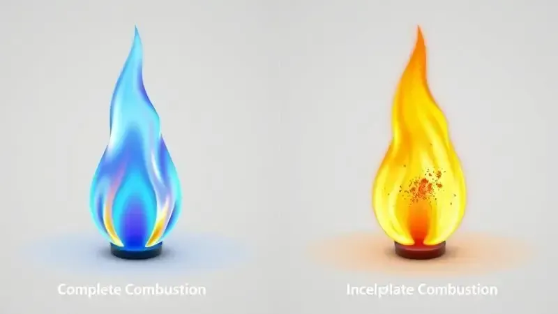 Comparação entre combustão completa com chama azul e incompleta com chama amarela.