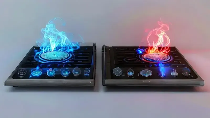Comparação visual entre três tipos de cooktop: gás, elétrico vitrocerâmico e por indução, mostrando diferenças tecnológicas