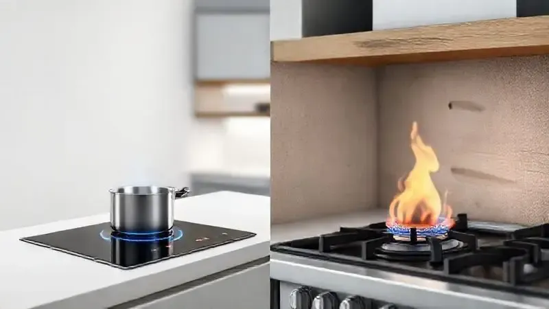 Comparação visual entre o cozimento moderno em cooktop de indução e o tradicional fogão a gás.