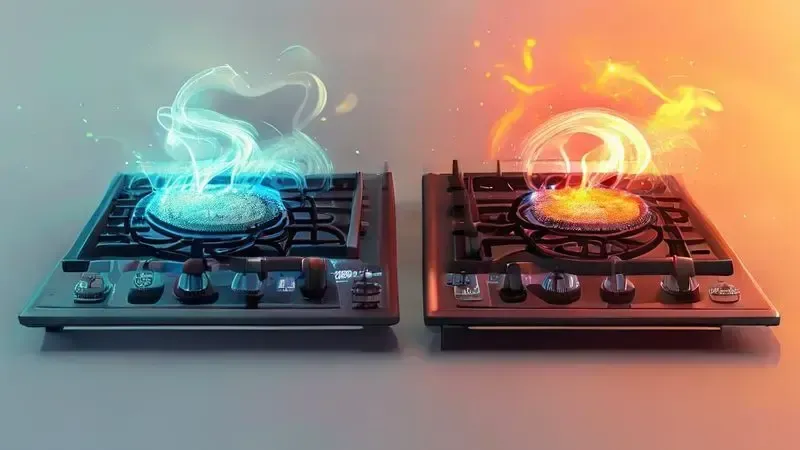 Comparação visual entre cooktops de indução, elétrico radiante e gás mostrando distribuição de calor