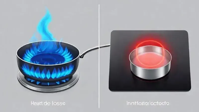 Comparação visual entre a dissipação de calor de um fogão a gás (chama) e a concentração de calor eficiente de um cooktop de indução.
