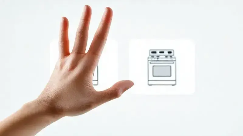 Render 3D de uma mão escolhendo entre opções de fogões em uma interface digital, simbolizando a decisão de compra.