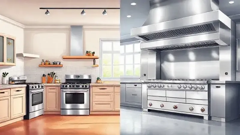 Ilustração comparando um fogão doméstico simples com um grande fogão industrial profissional em aço inox.