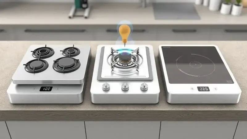 Comparação visual entre três tecnologias de cozinha: fogão elétrico, a gás e por indução em cena conceitual